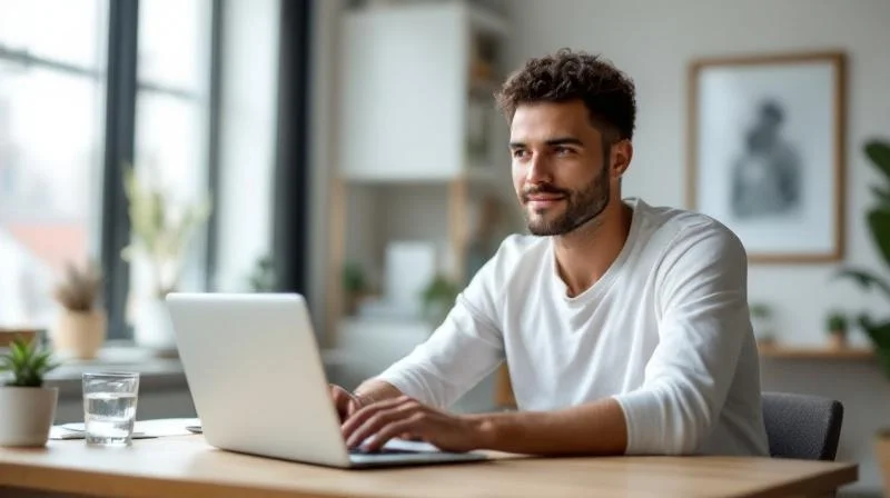 Junger Mann arbeitet an seiner Weiterbildung am Schreibtisch in Mannheim