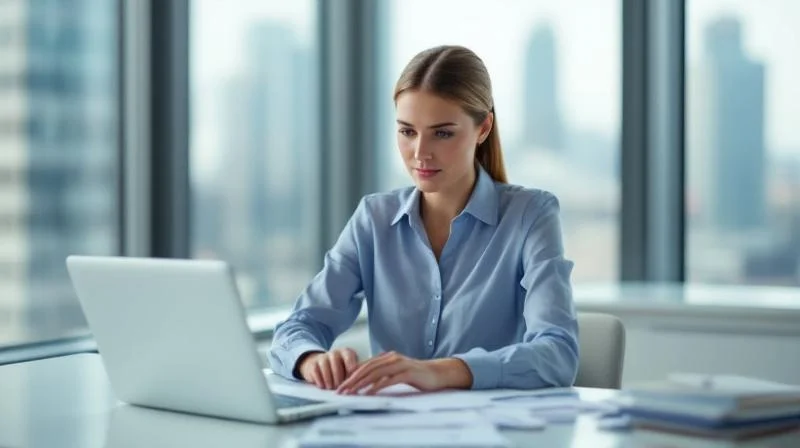 Frau sitzt konzentriert am Schreibtisch in einem hellen Büro in Mannheim und arbeitet an ihrer Weiterbildung