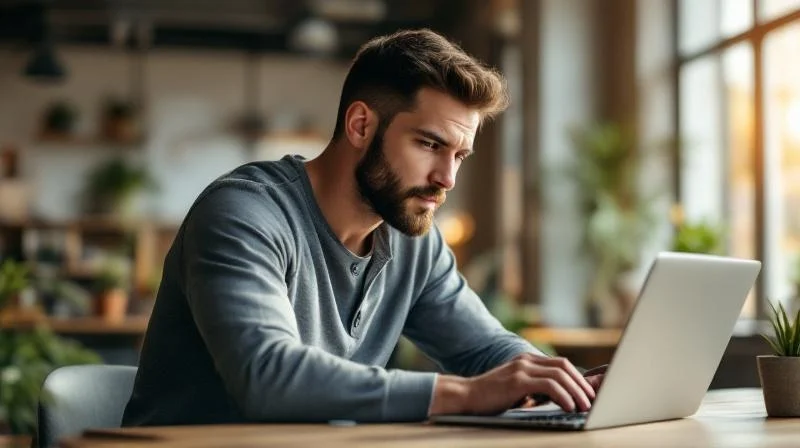 Mann lernt konzentriert am Laptop in einem modernen Mannheimer Büro