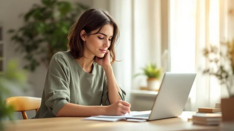 Frau lernt am Laptop in einer hellen Wohnung in Mannheim mit Blick auf grüne Baeume